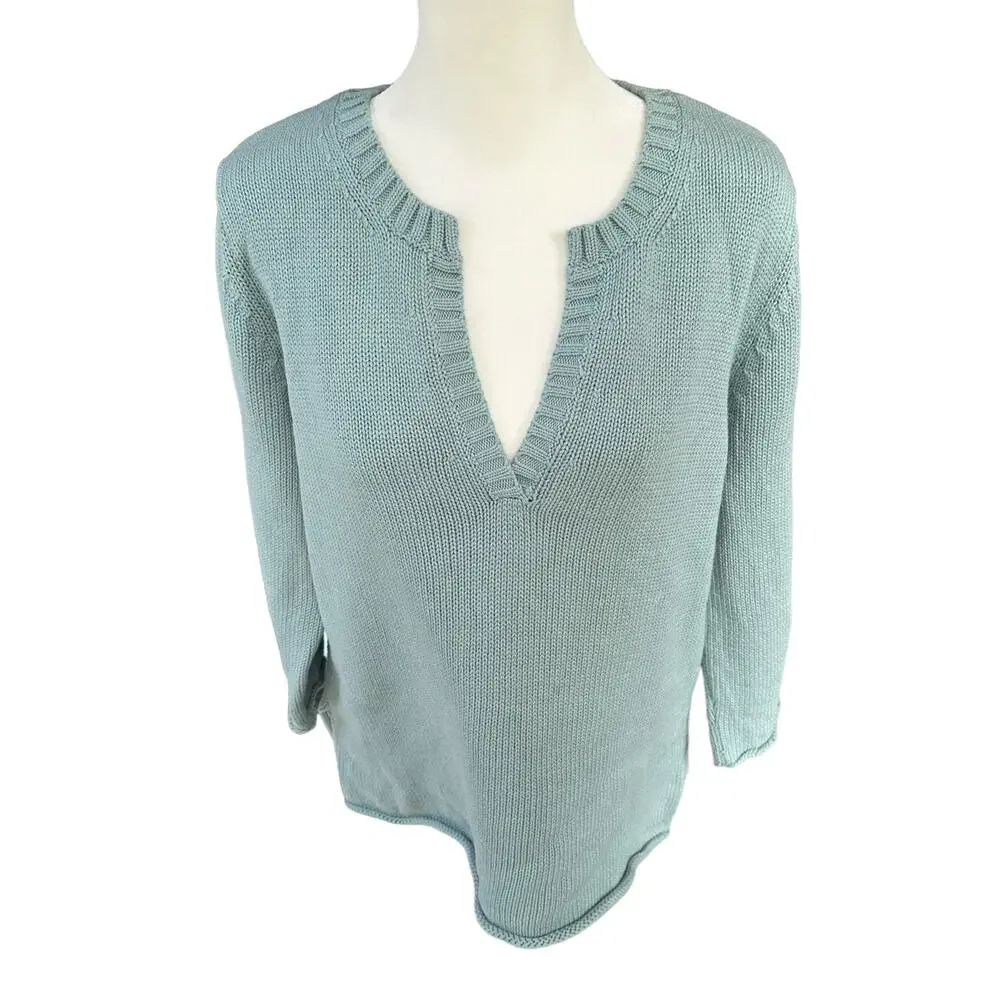 J.Jill‎ Blue V Neck Knit Sweater 3/4 Length Sleeves 100% Cotton Size Med Petite